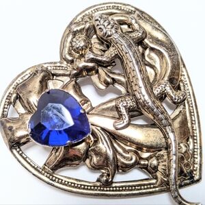 Vtg giant Heart-Shaped Brooch with Blue Gem and Lizard Design